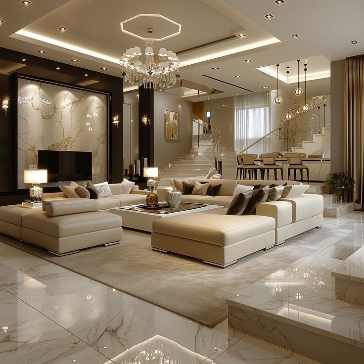 Elegant modern luxury living room with beige sectional sofa, marble tile flooring, warm recessed lighting, custom shelving, and large glass doors connecting indoor and outdoor spaces.