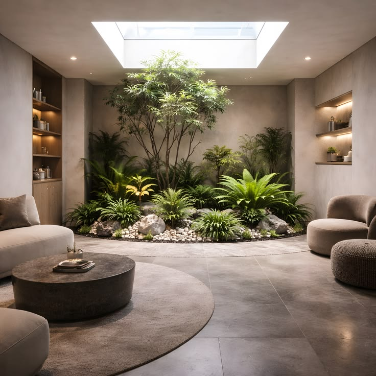Contemporary luxury interior design featuring warm wooden partitions, open-plan living space, indoor courtyard garden, glass architecture, and minimalist furniture bathed in natural sunlight.