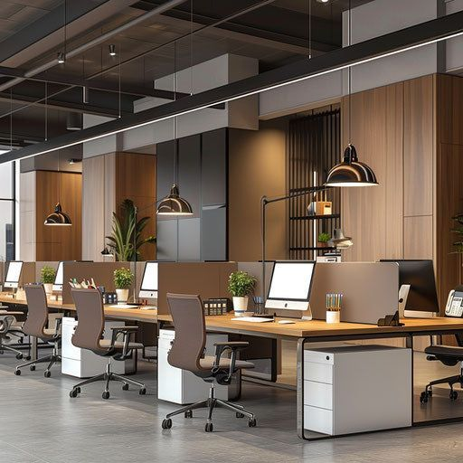 Professional workspace design with light wood finishes, partitioned desks, ergonomic seating, and a bright, organized office layout.
