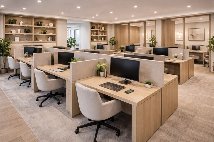 Professional workspace design with light wood finishes, partitioned desks, ergonomic seating, and a bright, organized office layout.