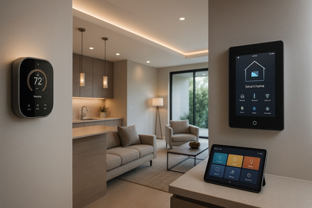 Modern home equipped with smart lighting, voice assistant integration, automated security, and intelligent home control systems.