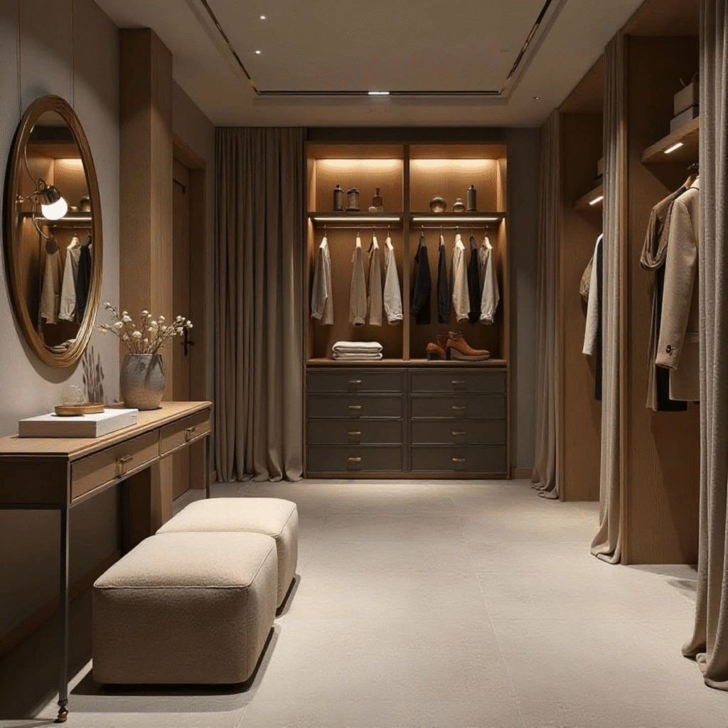 Luxury walk-in wardrobe design with wooden wardrobes, glass cabinets, and ambient lighting by Veda Studio