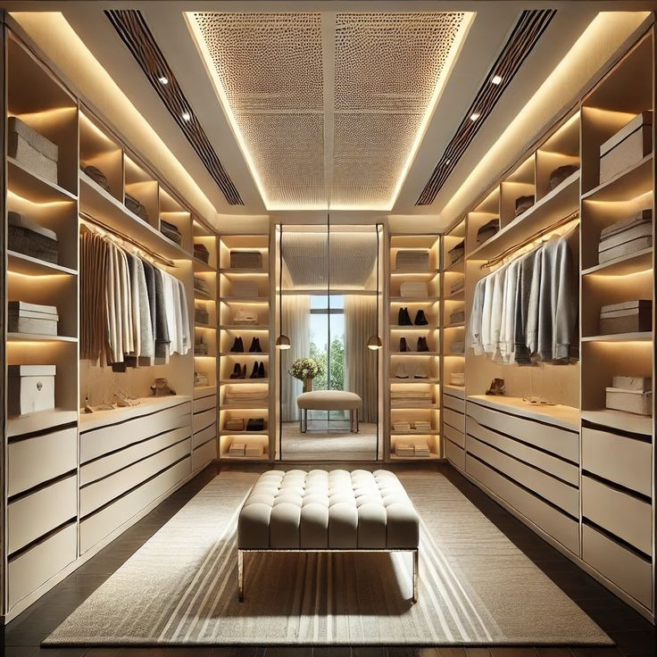 Modern walk-in wardrobe with premium wood finishes, glass cabinets, LED lighting, and luxury interior design by Veda Studio.