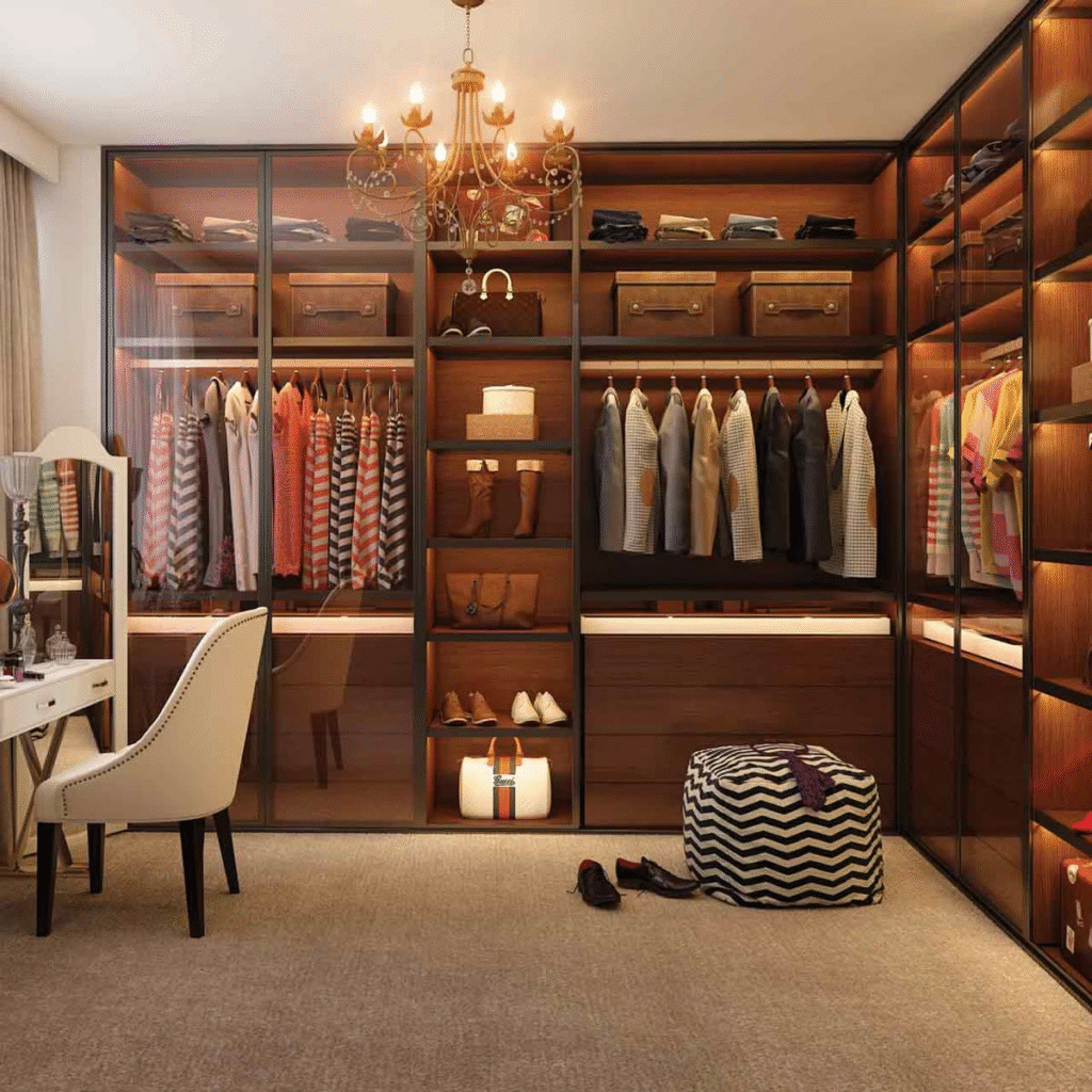 Luxury wardrobe design for modern homes featuring bespoke storage, elegant lighting, and contemporary finishes.