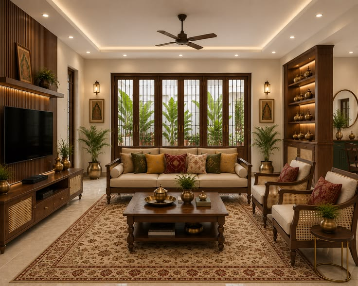Traditional arches, wooden beams and modern furnishings in an Ahmedabad-inspired interior