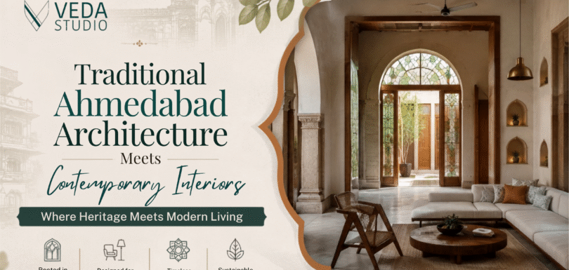 Traditional Ahmedabad architecture blended with contemporary interior design, featuring arched doorways, carved wooden details, stained glass, warm natural materials, and modern furnishings in a heritage-inspired living space.