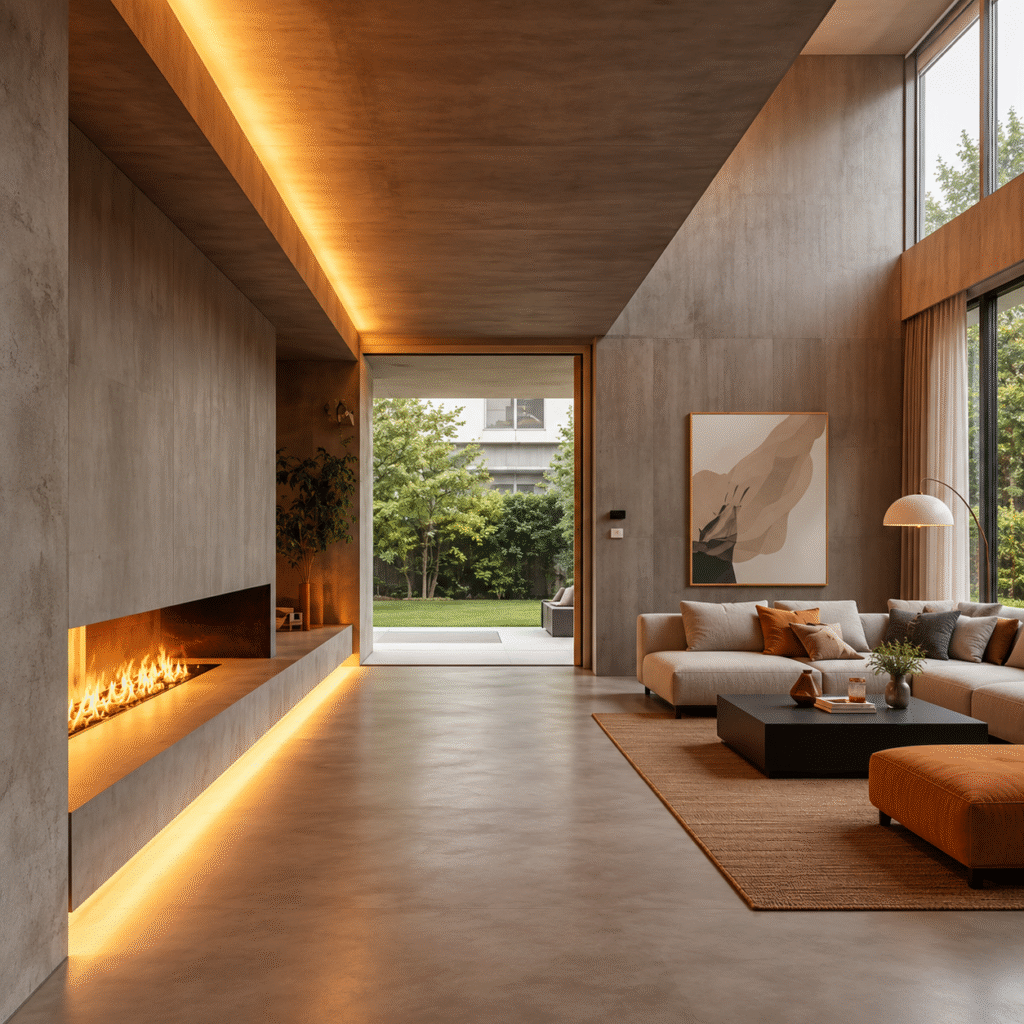 Modern minimalist living room with microcement walls and flooring, warm lighting, and natural textures
