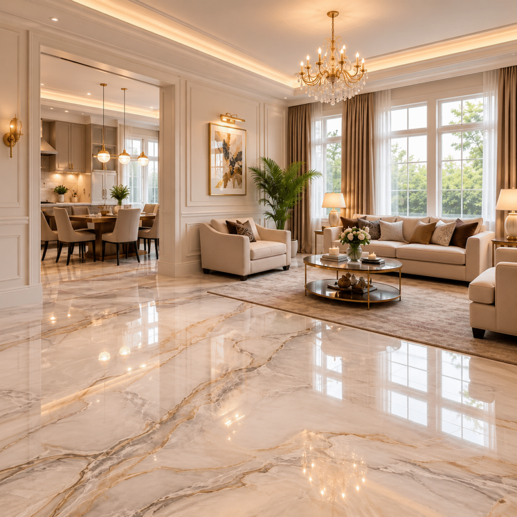 Modern living room featuring polished marble flooring and elegant interior design