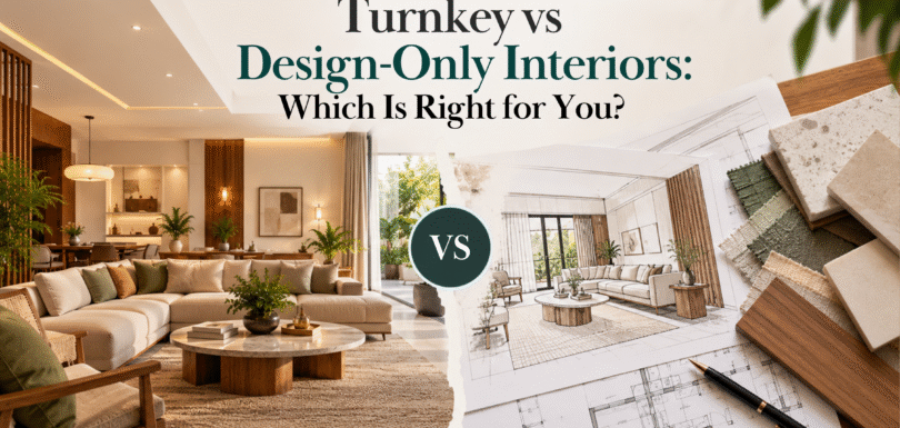 Turnkey vs design-only interiors comparison featuring a completed modern living room and interior design plans with material samples.