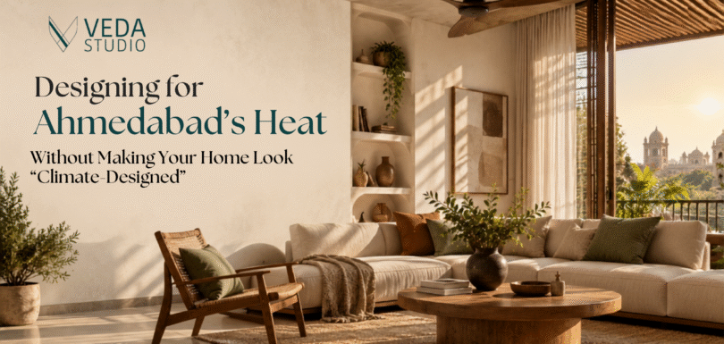 Ahmedabad home interior designed for hot weather with natural materials, sunlight control, greenery, and contemporary styling
