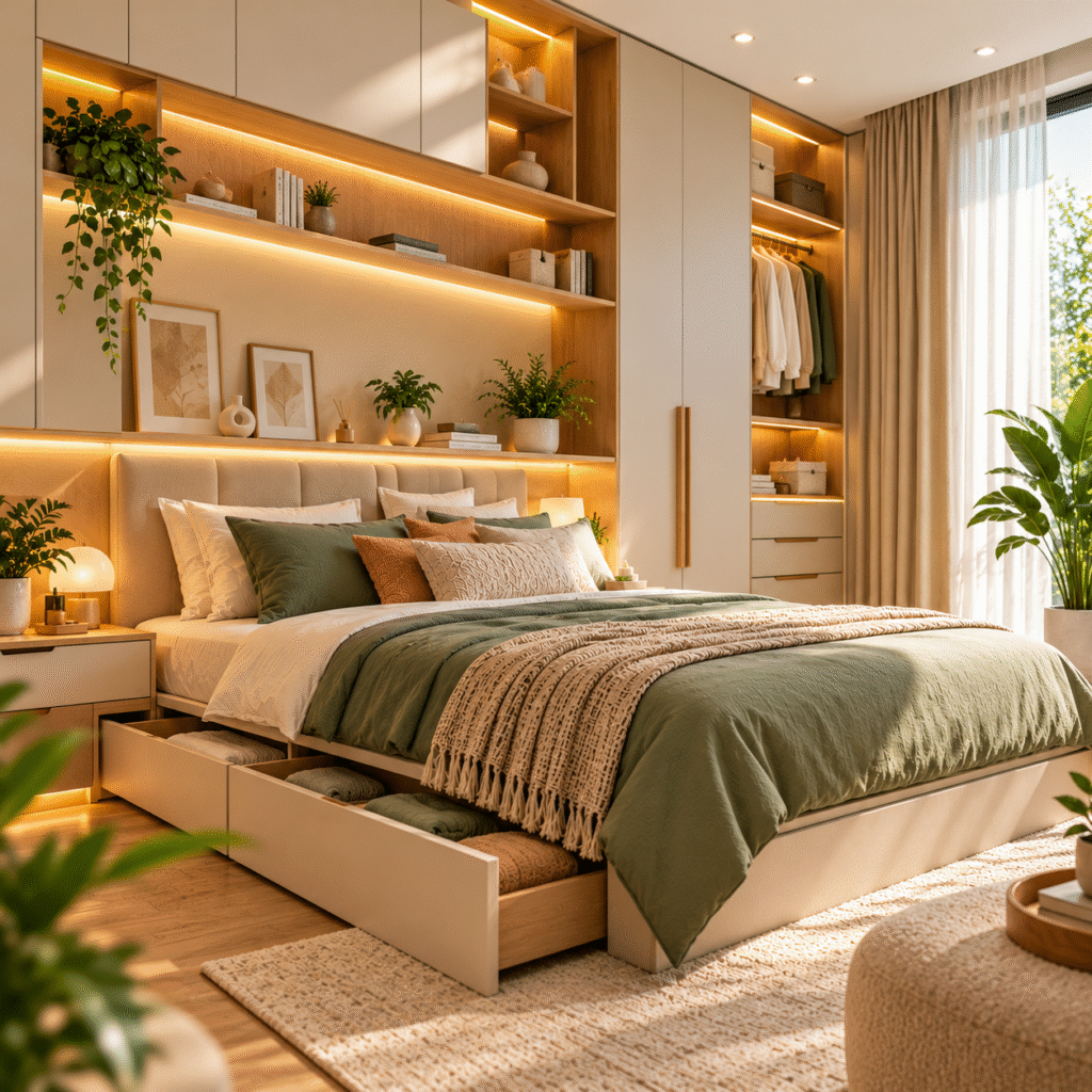 Modern bedroom interior with smart storage solutions, including built-in wardrobes, illuminated shelves, and a bed with spacious storage drawers, featuring warm lighting, neutral colours, and elegant decor by Veda Studio.
