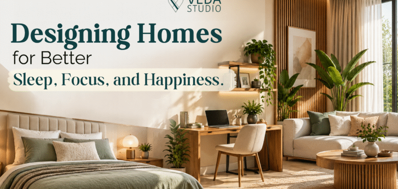 Veda Studio interior design featuring a modern, sunlit home with a cozy bedroom, functional workspace, and elegant living room, designed to promote better sleep, improved focus, and happiness through thoughtful interior design.